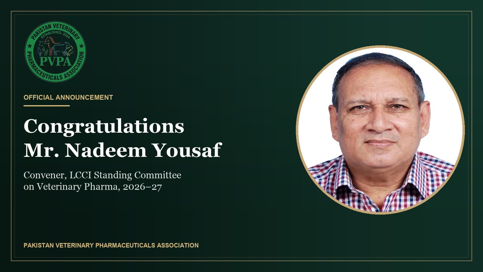 PVPA announcement congratulating Mr. Nadeem Yousaf on his appointment as Convener of the LCCI Standing Committee on Veterinary Pharma for 2026–27.