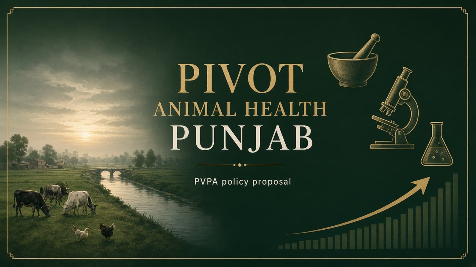 PVPA policy proposal for Punjab: PIVOT, animal health and livestock transformation. An editorial image of Punjab farmland, livestock, poultry and veterinary science, marked as a PVPA policy proposal.